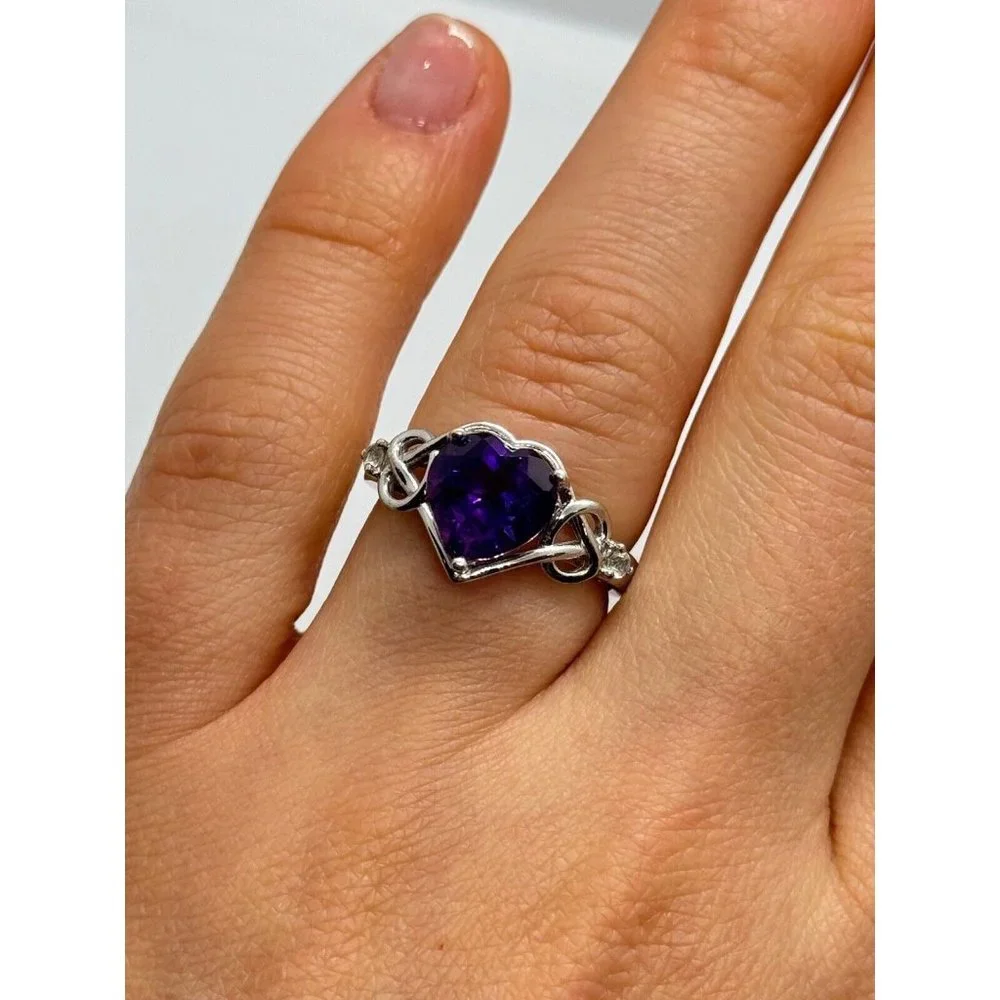 925 STERLING SILVER AMETHYST & GOSHENITE HEART RING SIZE 6
